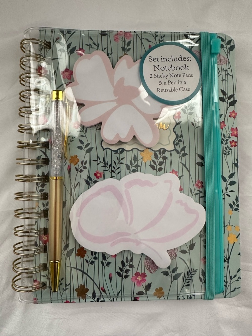 Floral Spiral “Just Bloom” Notebook Set with Pen & Sticky Notes